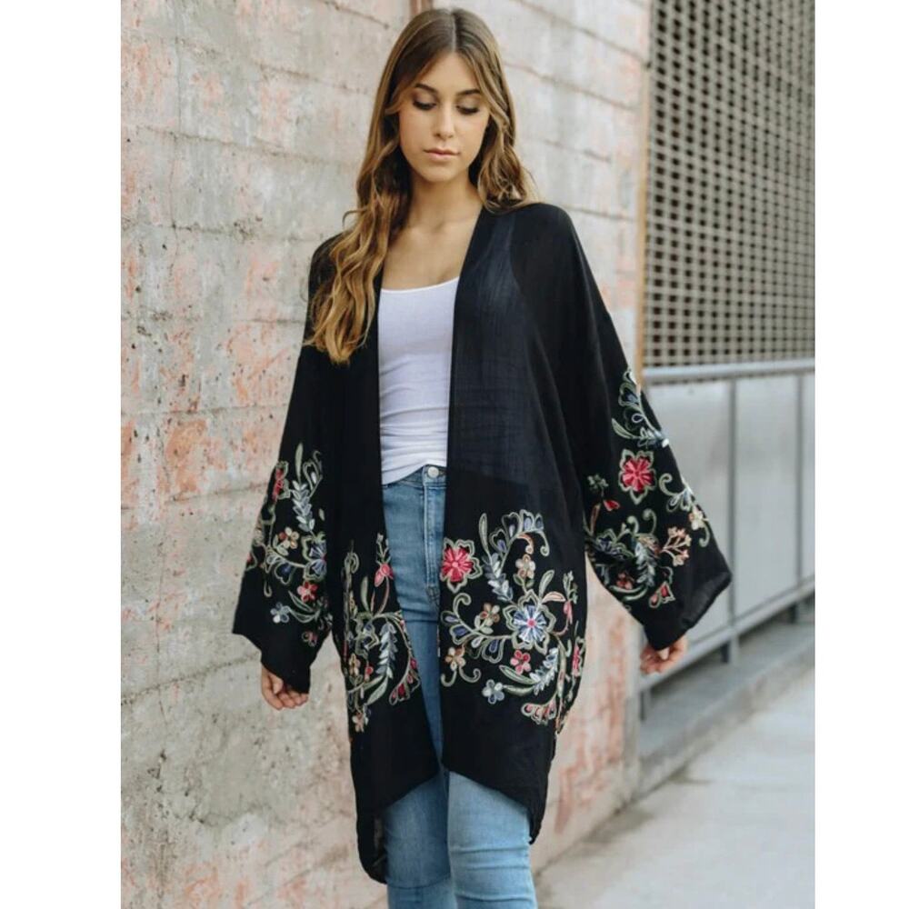Boho Embroidered Open-Front Cardigan Sweater - Black